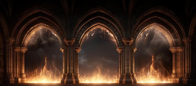 Photo ancient classic architecture stone arches with flames