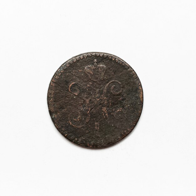 Ancient coin of Russian Empire 1843. Close-up isolated on white surface.