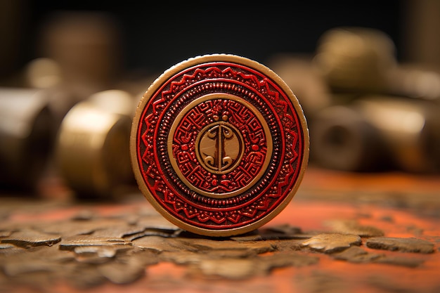 Древняя монета на деревянном столе, украшенном красно-белым узором.