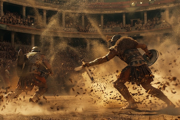 Foto l'antico colosseo con gladiatori spettrali impegnati