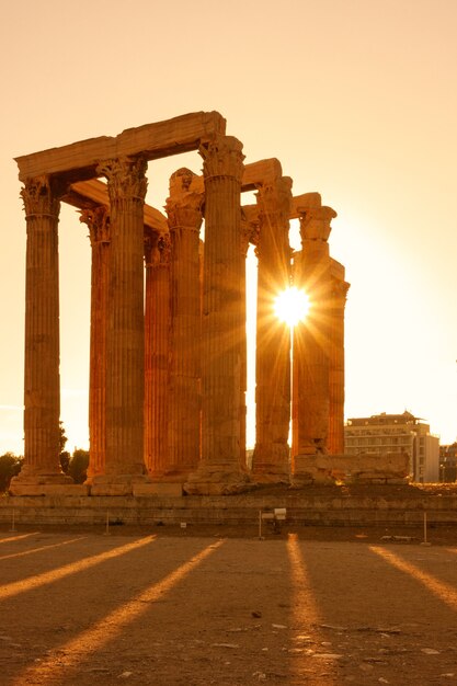 Ancient columns in Athens at sundown, Greece