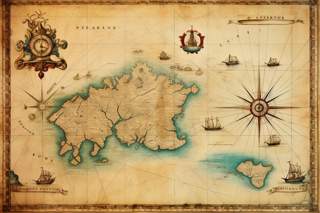 Фото Древний компас на старой винтажной карте мира на фоне с античными пиратскими редкими предметами