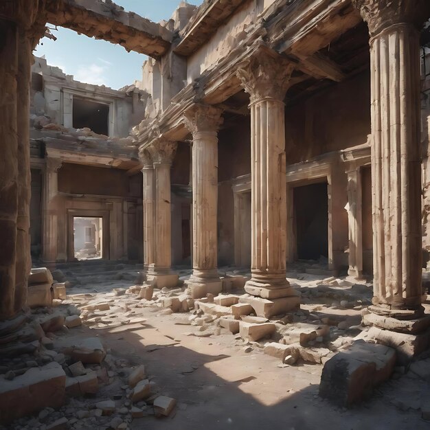 Ancient destroyed building with a lot of ruins inside