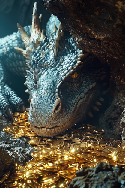 Photo ancient dragon hoarding gold dim cave closeup treasure gleam highdefinition render hyper realistic