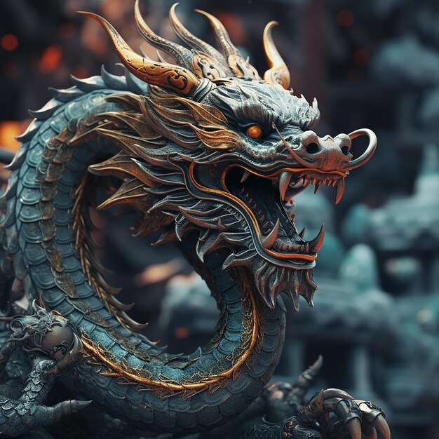 Ancient Dragon Sculpture Fierce Reptile Symbol in Intricate Detail