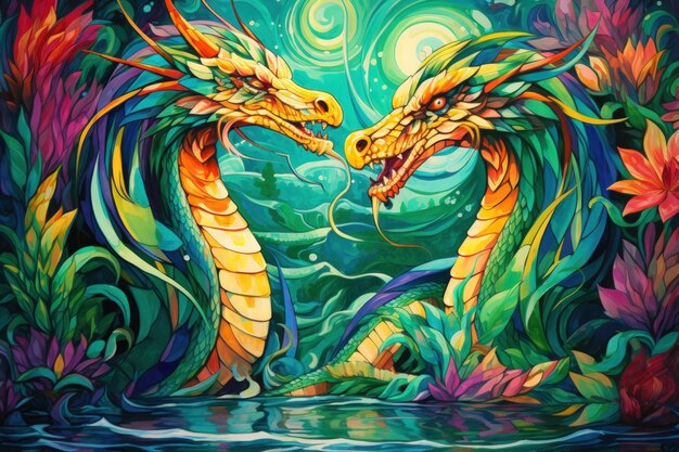 Ancient dragons with scales of emerald and gold generative ai