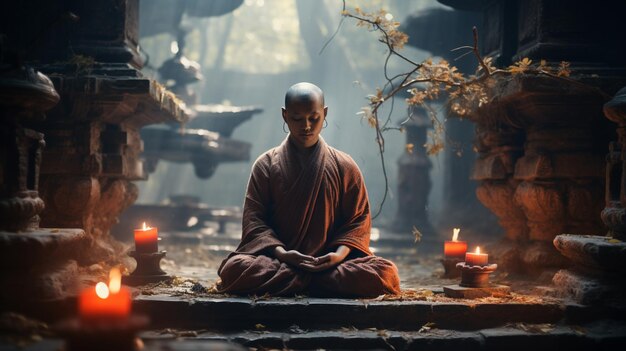 古代東アジアの刻 静かな僧侶が瞑想している AIが生成した画像