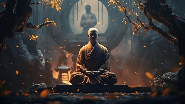 写真 古代東アジアの刻 静かな僧侶が瞑想している aiが生成した画像