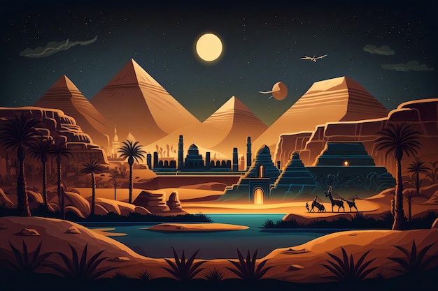 Ancient egypt civilization Egyptian desert with river and pyramids at night