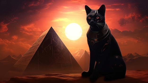 Ancient Egyptian black cat on the background of the desert and the pyramids