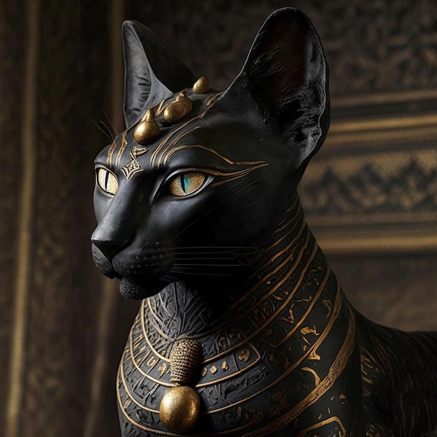 古代エジプトの黒い猫の像 - 黒いインテリアのポディウム - 古代エギプトの女神バステットAI