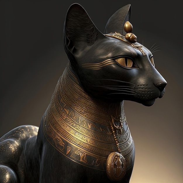 Древнеегипетская черная кошка Статуетка в черном интерьере подиума Древняя египетская богиня Бастет ИИ