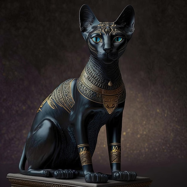 Photo ancient egyptian black cat statuette in black interior podium ancient egyptian goddess bastet ai