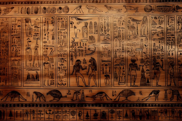 Ancient Egyptian drawings and hieroglyphs on the wall in the temple Neural network AI generated