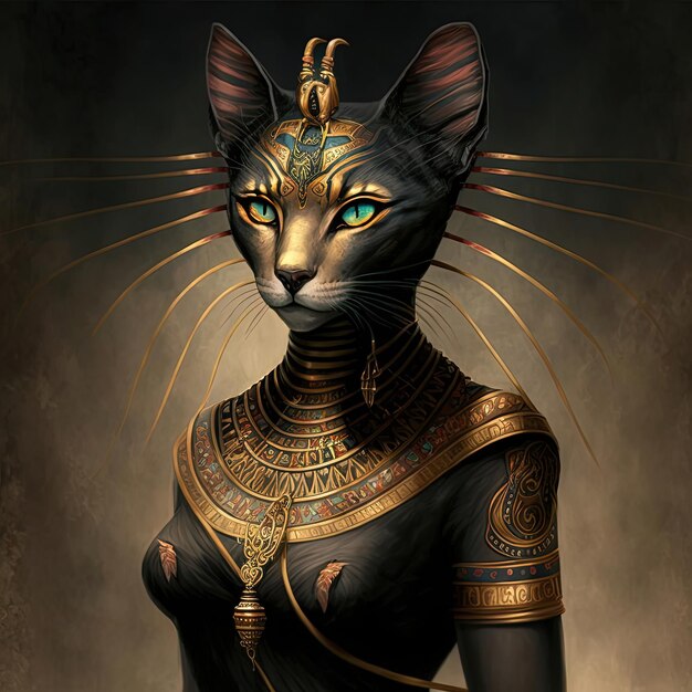 Древнеегипетская богиня Бастет Древнеэгипетская женщина-кошка с золотыми украшениями ИИ