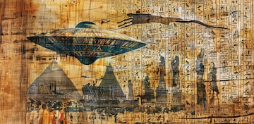 Ancient egyptian hieroglyphs depicting ufo encounter over pyramids | Premium AI-generated image