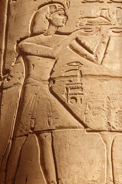 Фото Древние египетские картины и иероглифы на стене в храмовом комплексе карнак в луксоре, египет