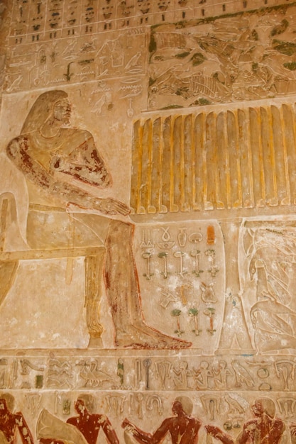 Ancient egyptian paintings and hieroglyphs carved on the stone wall