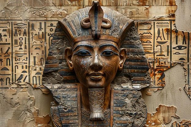an ancient egyptian pharaoh head sculpture on an old wall with hieroglyphs carved in wood and paint