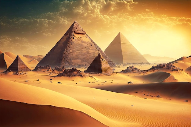 Ancient egyptian pyramids among sandy african desert