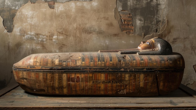 写真 古代エジプトのサルコファグ 墓の古い石の汚い部屋 エジプトのファラオ王のテーマ 古代のムミと文化