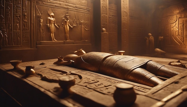 An ancient Egyptian tomb with hieroglyphics golden artifacts and a mysterious atmosphere