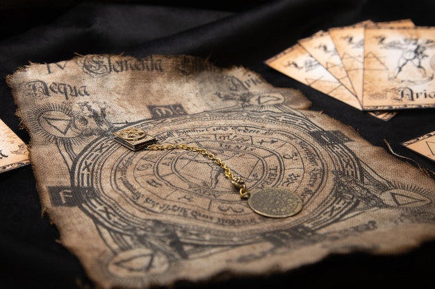 Photo ancient esoteric witchcraft background. occultims and paganism old symbol, with mysterious runes and alphabet.