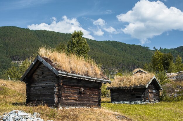 Capanne di legno del pescatore antico in parco etnico, norvegia.