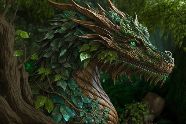 Древний лесной дракон, покрытый зелеными растениями, генеративный ай