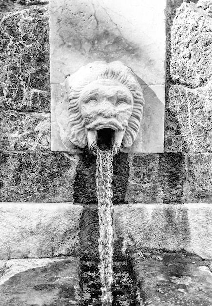 Ancient fountain in the city in black and white