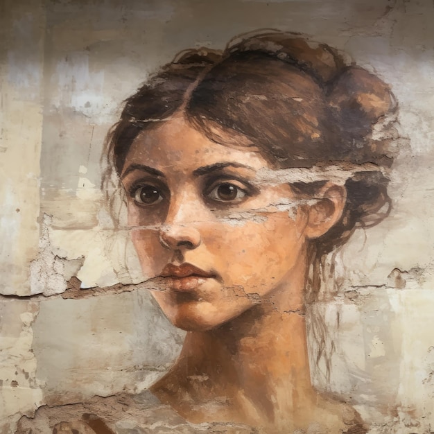 Ancient fresco with young woman face damaged plaster texture background Vintage cracked portrait