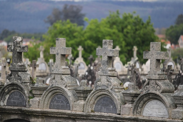 Ancient Galician cemetery Stone crosses in a Celticstyle cemetery in Galicia