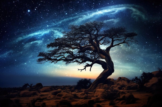 Ancient gnarled tree silhouetted against a starry desert sky with a comet tail