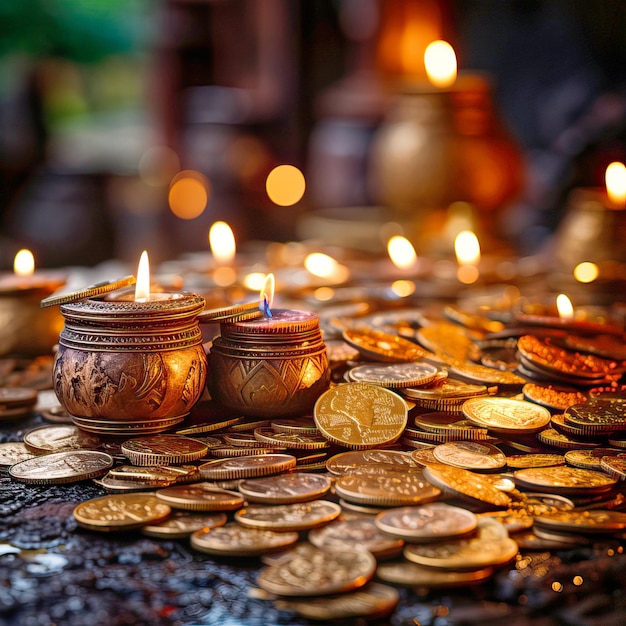 Древние золотые монеты, украшения на столе