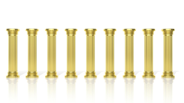 Ancient gold pillars in a row isolated on white