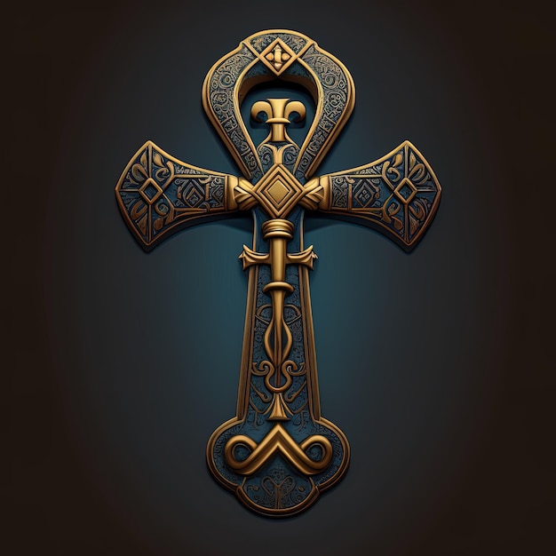 Photo ancient golden ankh symbol isolated on dark background illustration of an egyptian cross in digital form generative ai the ancient egyptians used the ankh as a symbol for eternal life