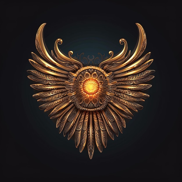 Ancient golden wings symbol isolated on dark background Illustration of an Egyptian wing in digital form Generative AI