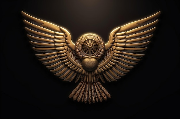 어두운 배경에 격리된 고대 황금 날개 기호 디지털 형태의 이집트 날개 그림 Generative AI