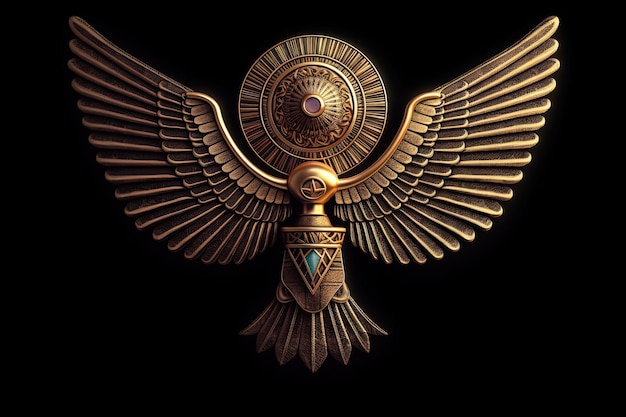 사진 어두운 배경에 격리된 고대 황금 날개 기호 디지털 형태의 이집트 날개 그림 generative ai