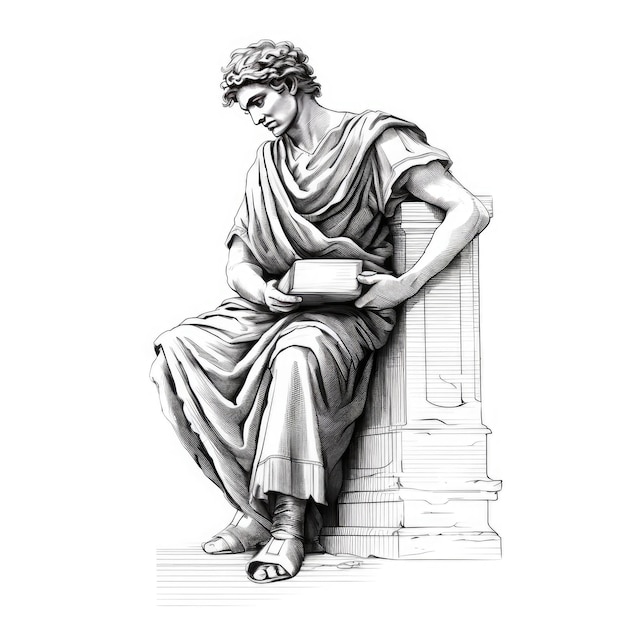 Ancient Greece Scholar Unveiling Wisdom through Black Lines on White Canvas