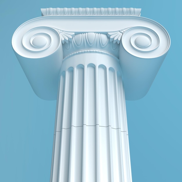 Ancient Greek column with a capital isolated on a blue background. Render 3d model Angle from below.