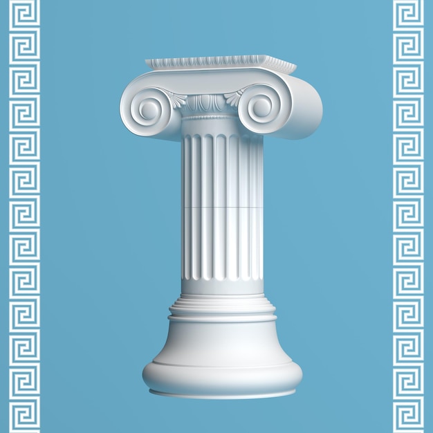 Ancient Greek column with a capital isolated on a blue background. Render 3d model