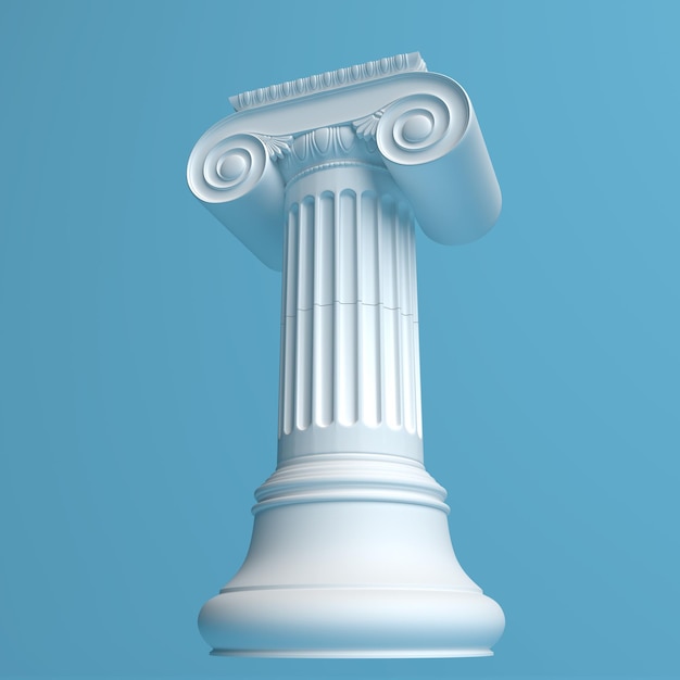 Ancient Greek column with a capital isolated on a blue background. Render 3d model