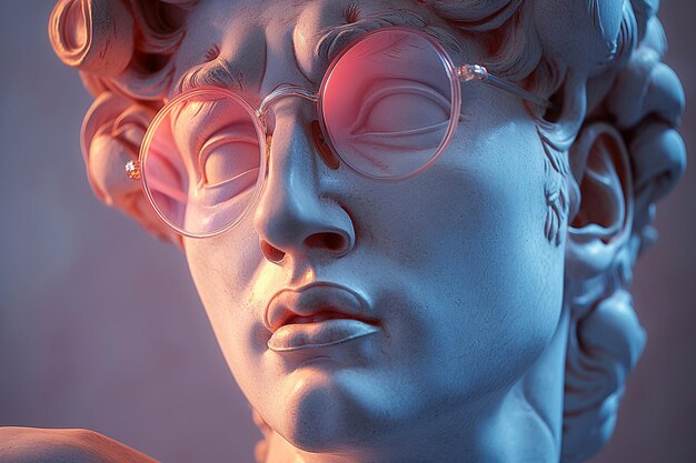 Фото Древнегреческая скульптура головы давида в розовых солнцезащитных очках скульптура бюста в очках минимальная композиция современное искусство вечеринка отдых и романтическая концепция