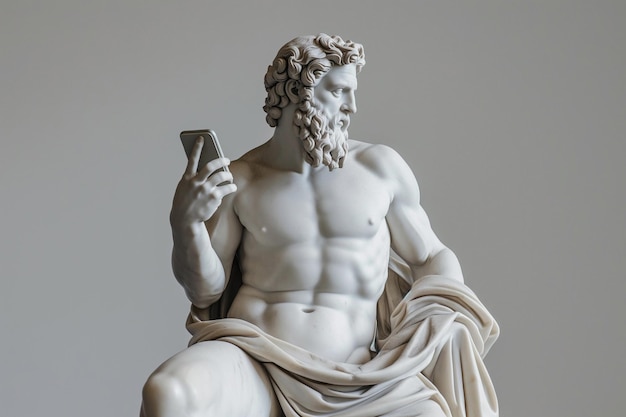 Ancient Greek god sculpture holding a smartphone Statue of a hero scrolling social media Doomscrolling mental health digital wellness time loss concept Bad habits reading news