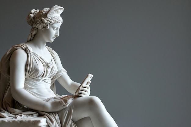 Ancient Greek goddess sculpture holding a smartphone Female marble statue scrolling social media Doomscrolling mental health digital wellness time loss concept Bad habits reading news