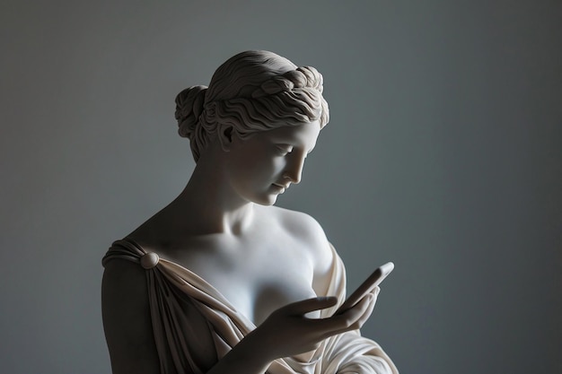 Ancient Greek goddess sculpture holding a smartphone Female marble statue scrolling social media Doomscrolling mental health digital wellness time loss concept Bad habits reading news