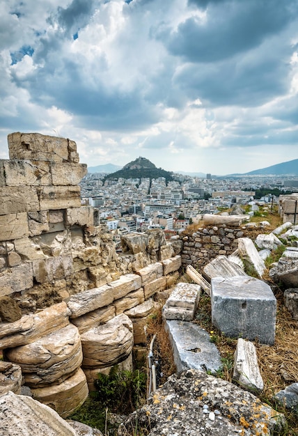 Ancient Greek ruins on Acropolis top Athens Greece