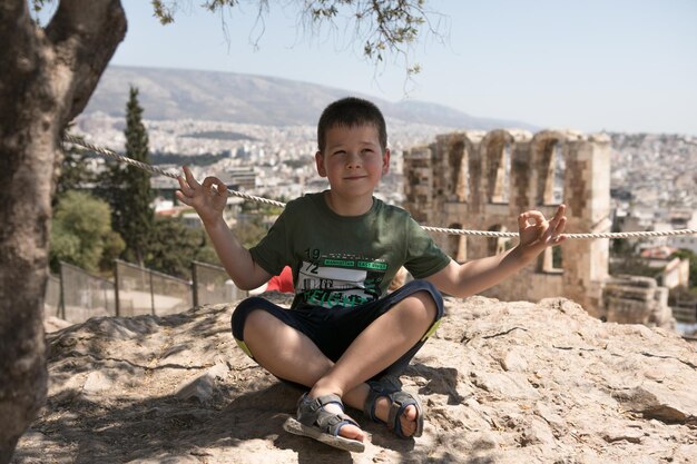 Ancient Greek ruins in Athens Greece Europe Odeon of Herodes Atticus overlooking city This stone theater is famous landmark of Athens Old monument closeup remains of classical Athens