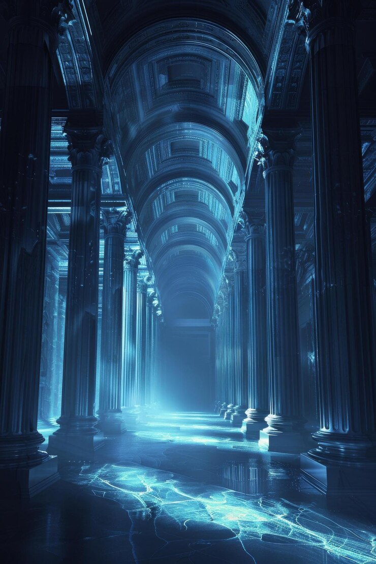 फोटो ancient greek temple hallway with a blue hue